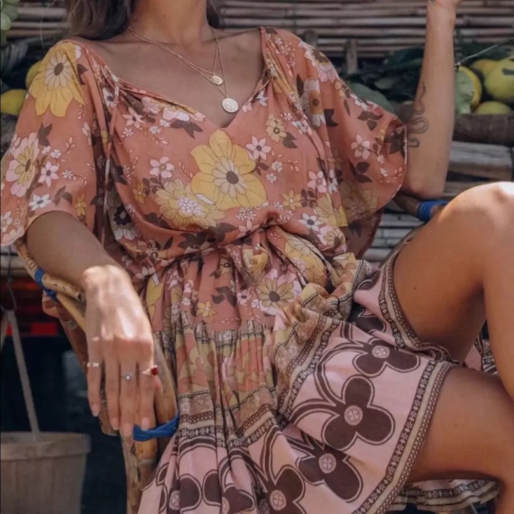 Yellow Tiered Boho Floral Gypsy Print Dress - Picture 11 of 11